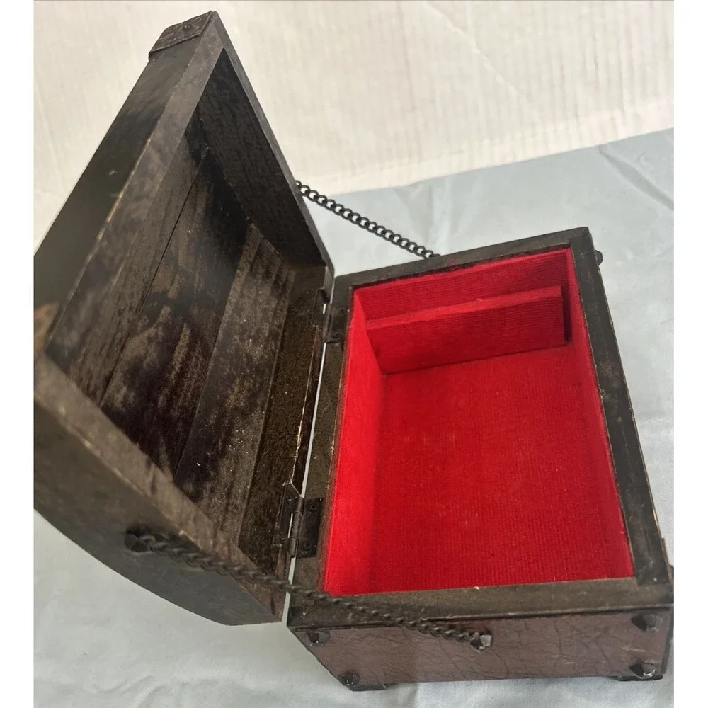 Vintage Wood Leather Metal Pirate Treasure Chest Jewelry Box